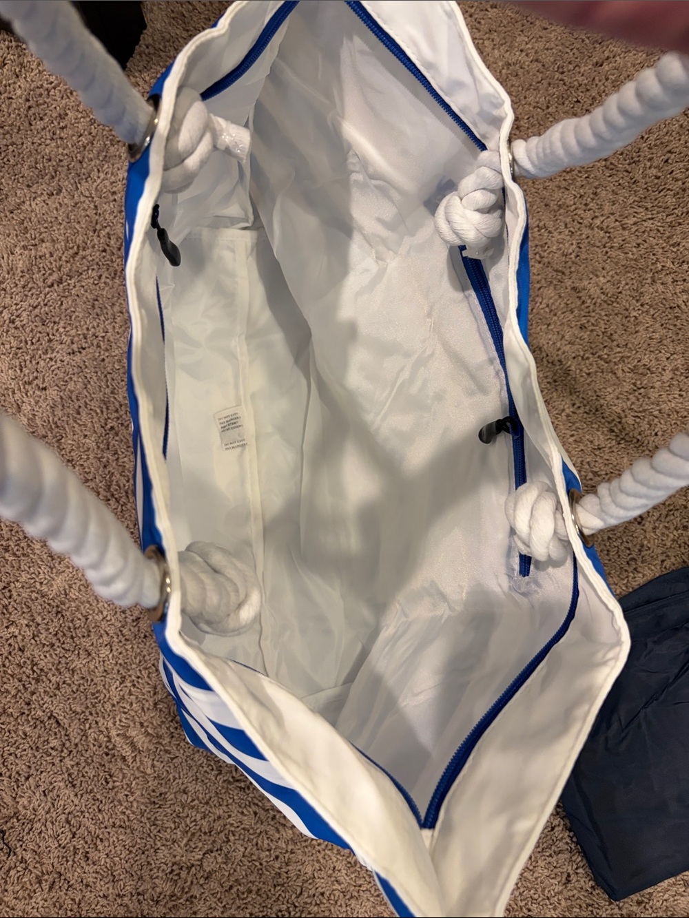 Striped Rope-Handle Tote Bag in Blue and White - Picture 2 of 6